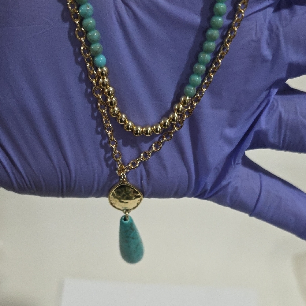 Calvin Klein Gold Plated Layered Necklace w/ Turquoise Beads & Pendant – Jewelry - Picture 9 of 9